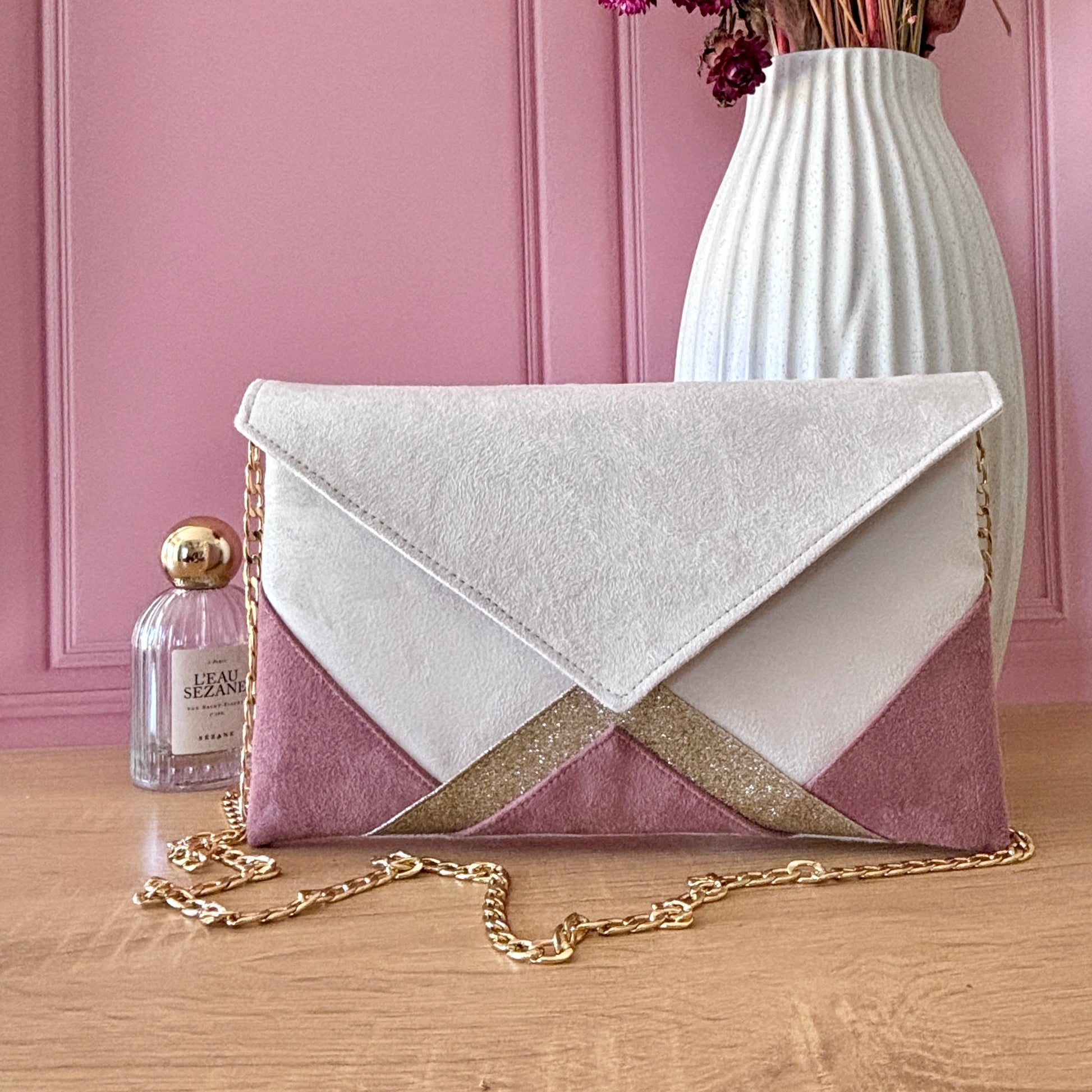 pochette mariage écru et vieux rose paillettes