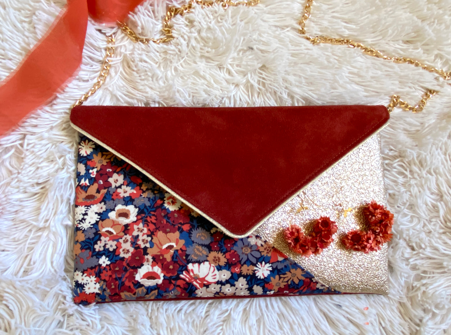 Pochette mariage en Liberty Thorpe burnt et Suédine rouille