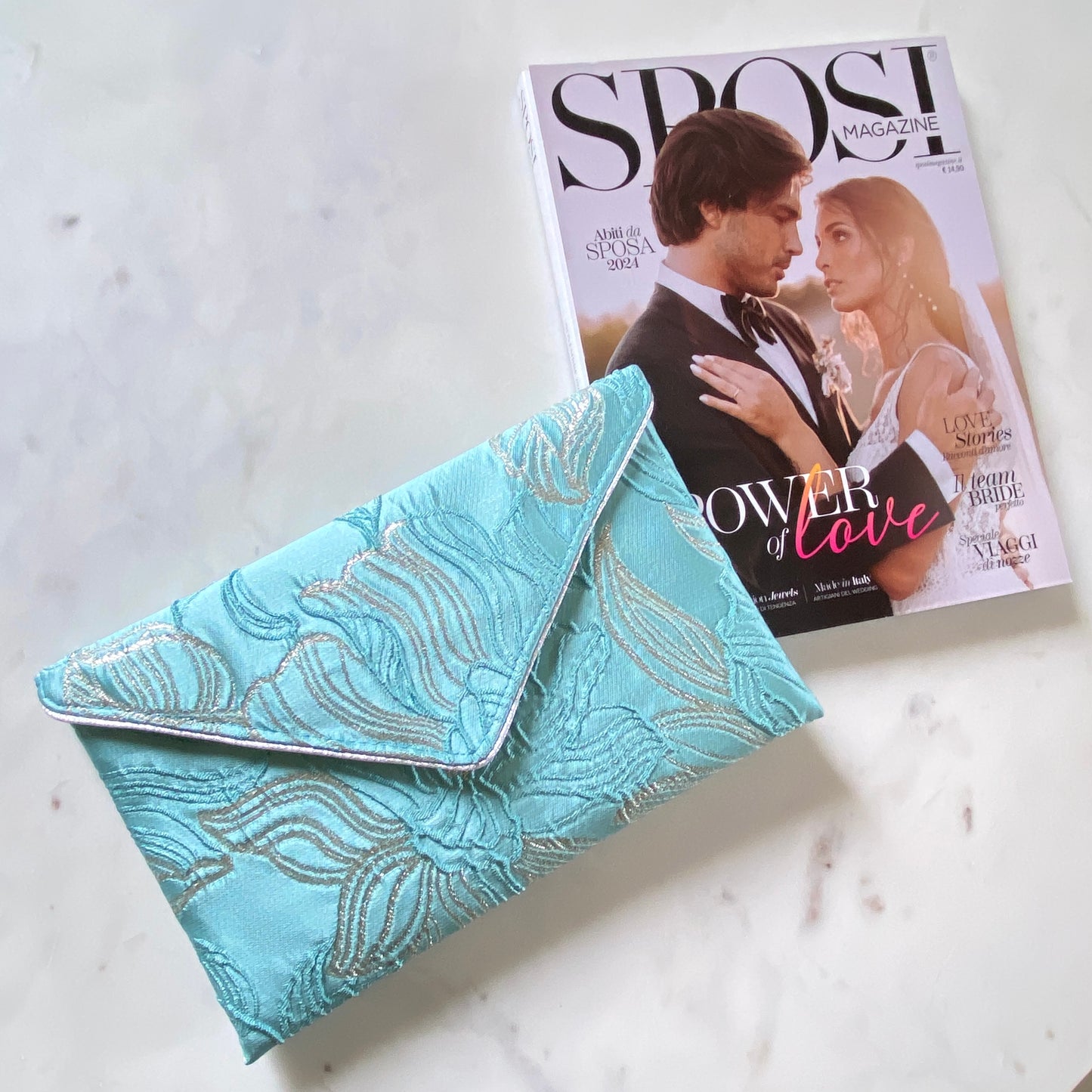 Pochette cérémonie bleu turquoise fabrication artisanale - fil des toiles