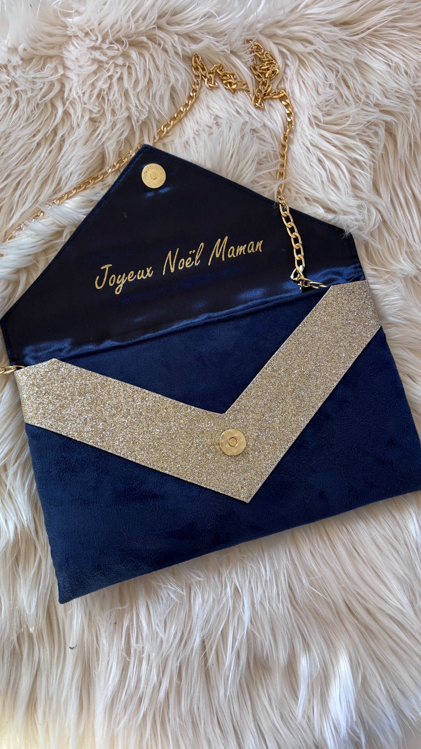 Sac mariage bleu marine et paillettes dorées