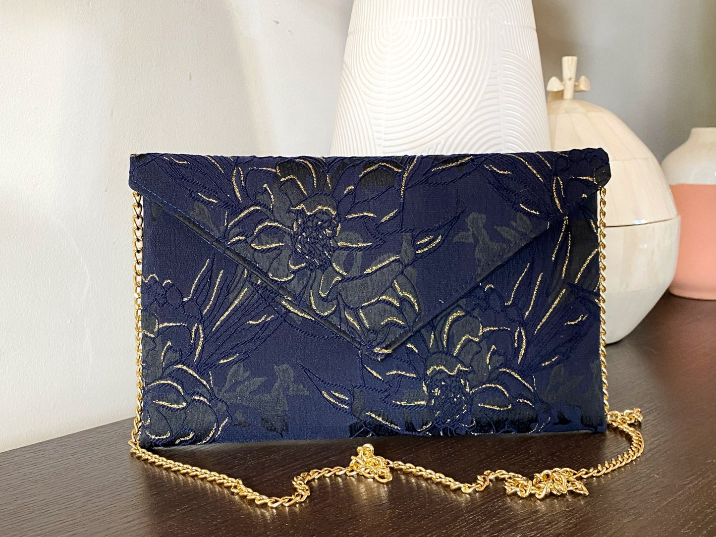 Pochette femme bleu marine en tissu jacquard - fil des toiles