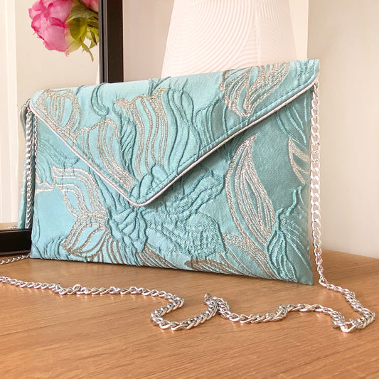 Pochette mariage turquoise et argentée made in France - Fil des toiles