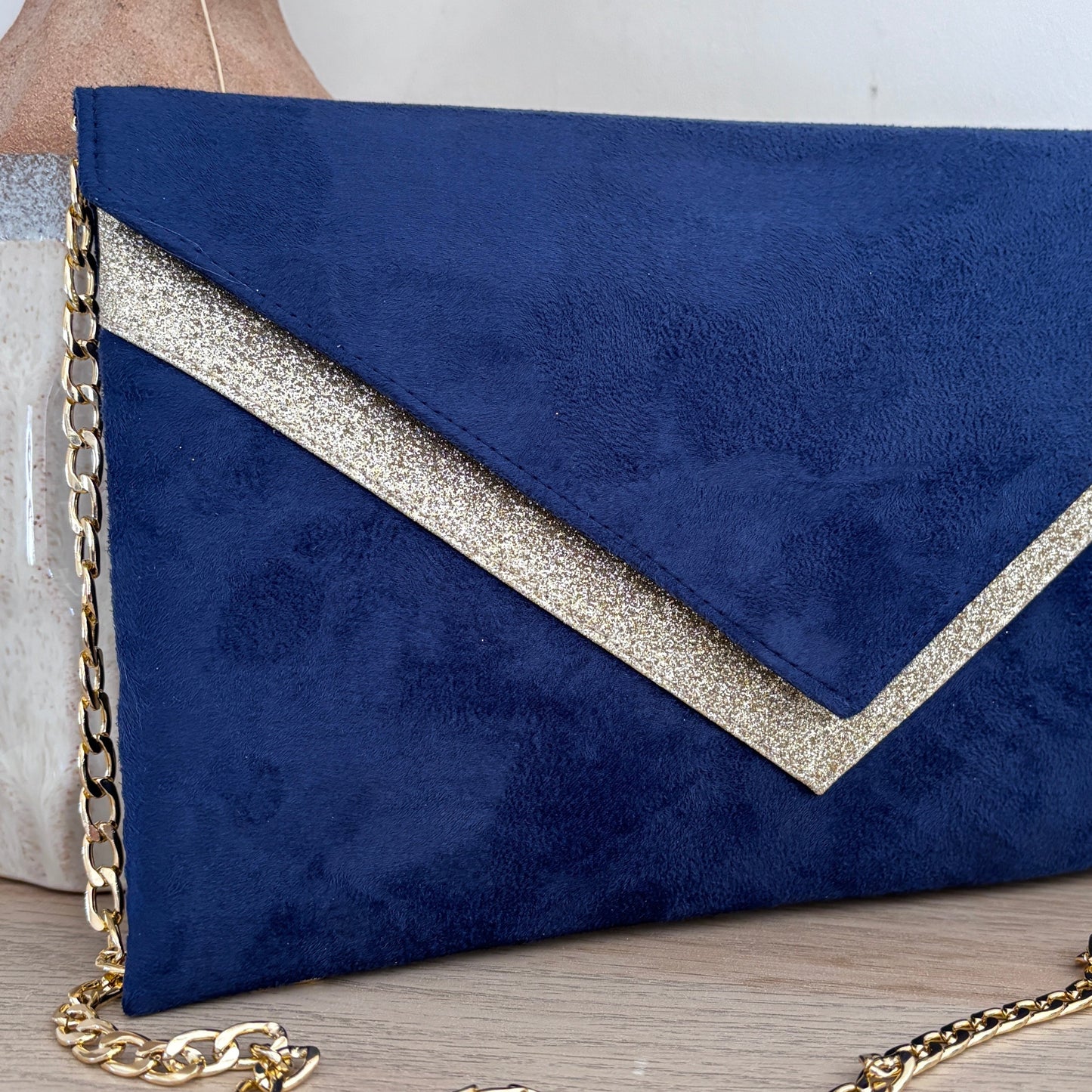 Sac mariage bleu marine et paillettes dorées