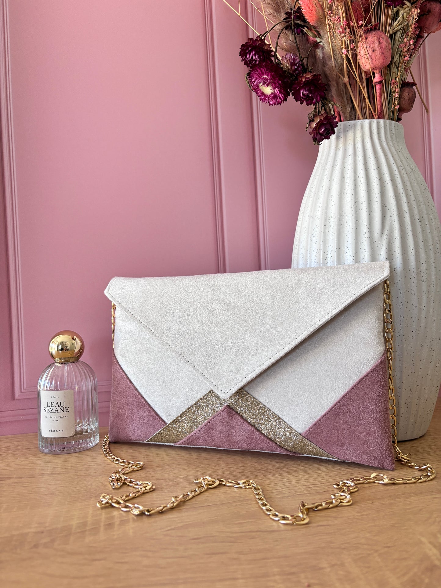 pochette mariage écru et vieux rose paillettes