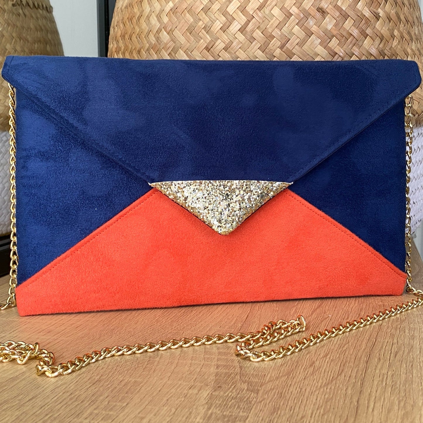 pochette mariage bleu marine et orange - fil des toiles