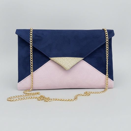 Pochette mariage bleu marine et rose poudré, paillettes dorées — Design graphique fait main