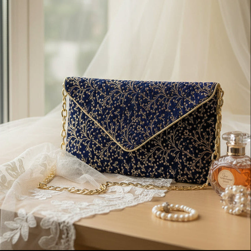 Pochette enveloppe mariage bleu et dorée en tissu brocart