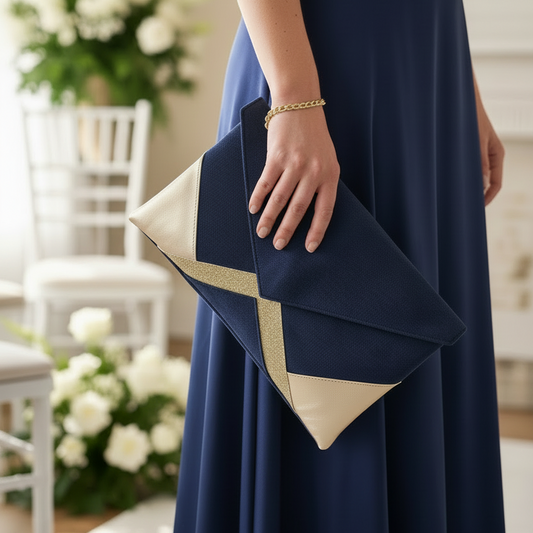Pochette mariage, bleu marine et dorée portée par une femme qui porte une robe bleue marine invitée de mariage