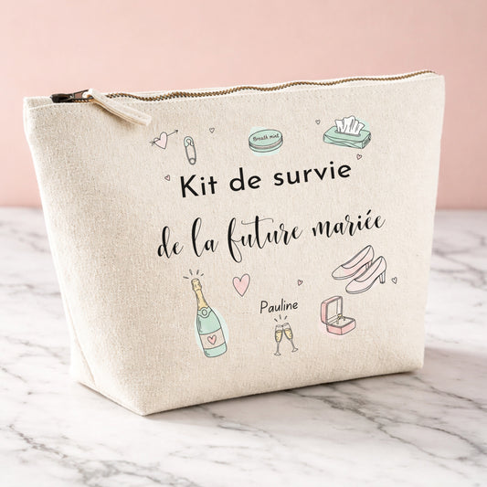 Trousse future mariée personnalisée style doodles — kit de survie EVJF prénom
