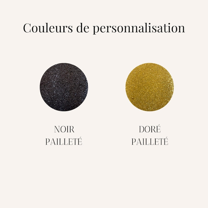 Nuancier des couleurs de personnalisation disponibles : flex pailleté noir et flex pailleté doré