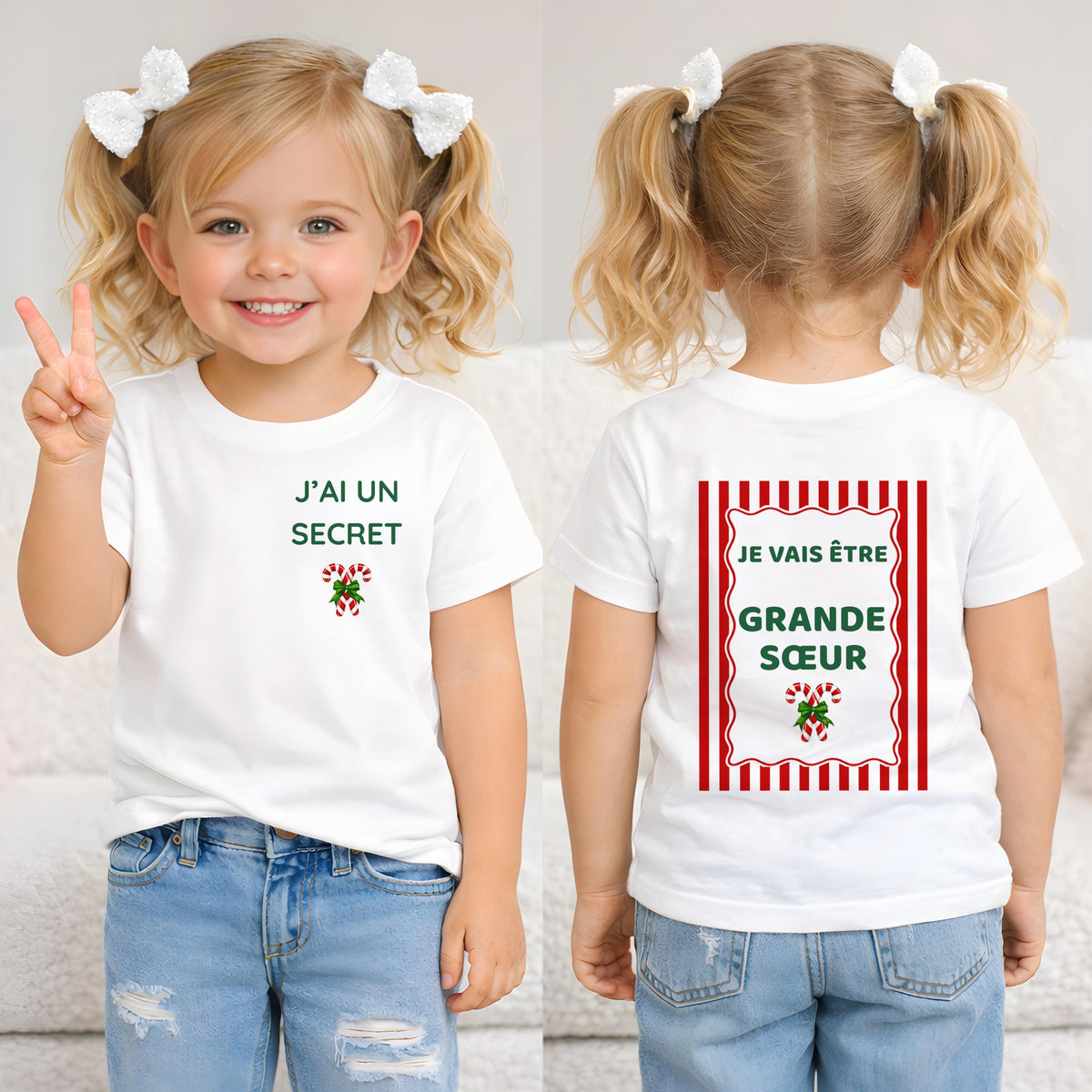 Deux fillettes portant le tee-shirt annonce grossesse de Noël, avant « J'ai un secret » et dos « Je vais être Grande Sœur »