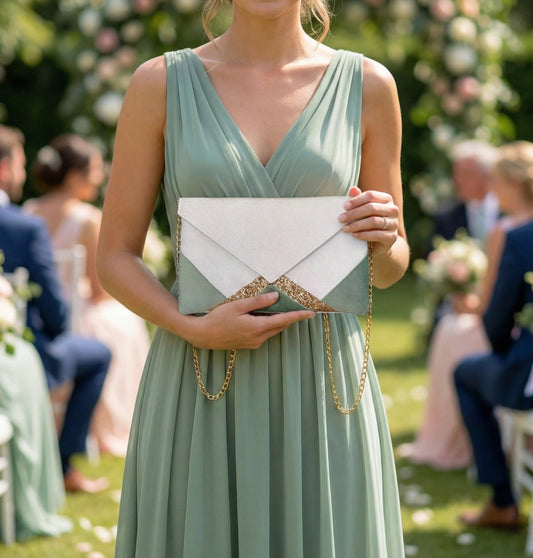 Pochette mariage format enveloppe vert sauge blanche, paillettes dorées. pochette portée par une demoiselle d'honneur en obr vert sauge