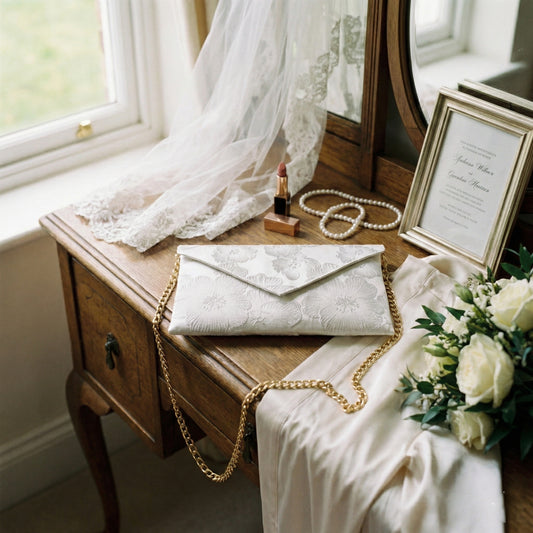 pochette mariée blanche motifs fleuris posée sur une table lors de préparatifs mariage