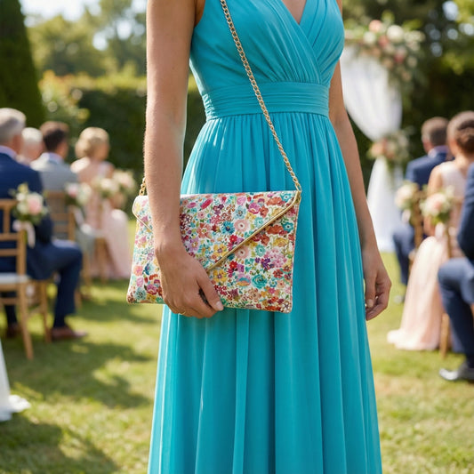 Pochette mariage fleurie de forme enveloppe en Liberty of London classic meadow c portée par une invitée mariage avec une robe bleu clair