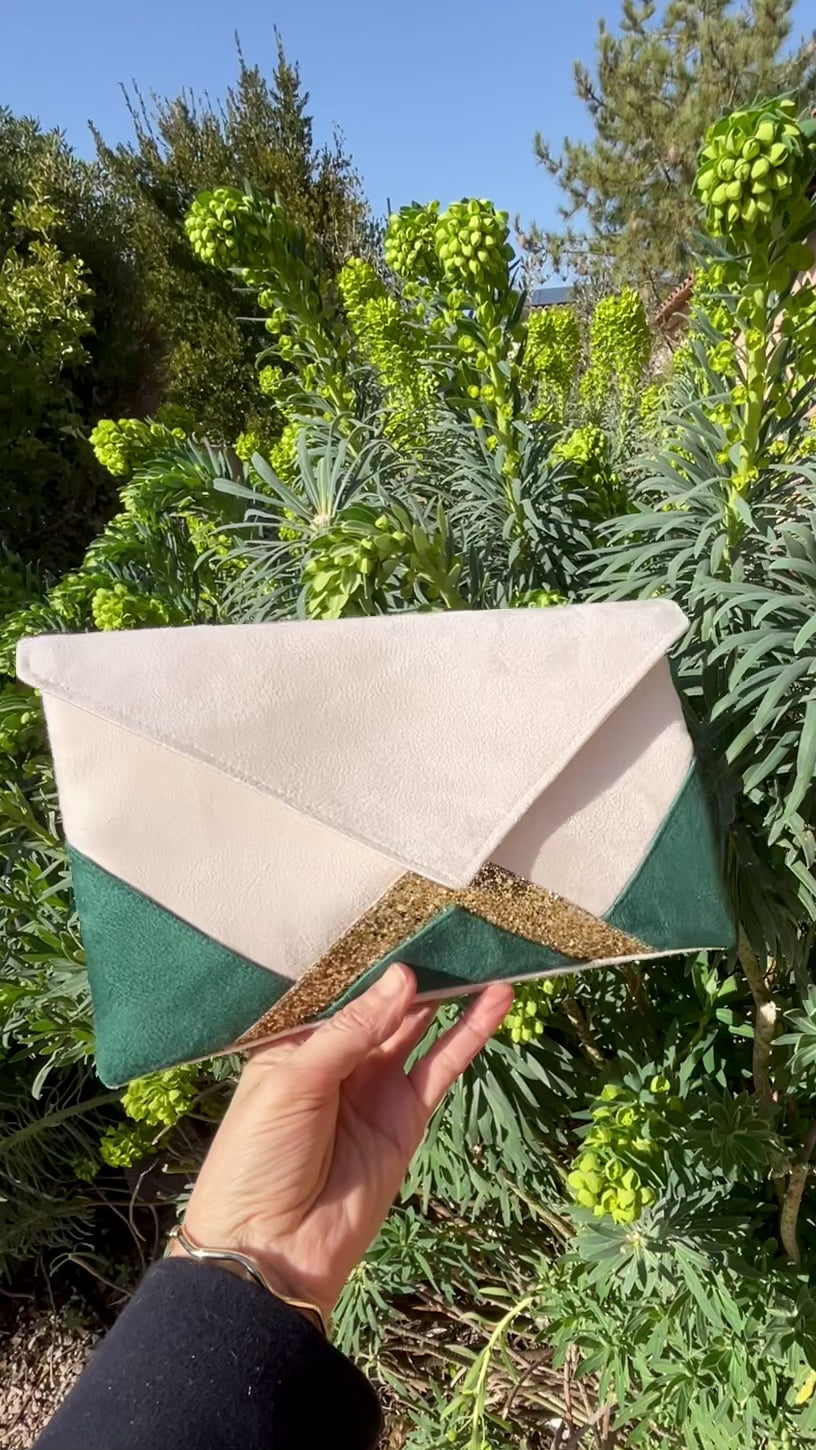 Sac mariage femme écru, vert et paillettes dorées