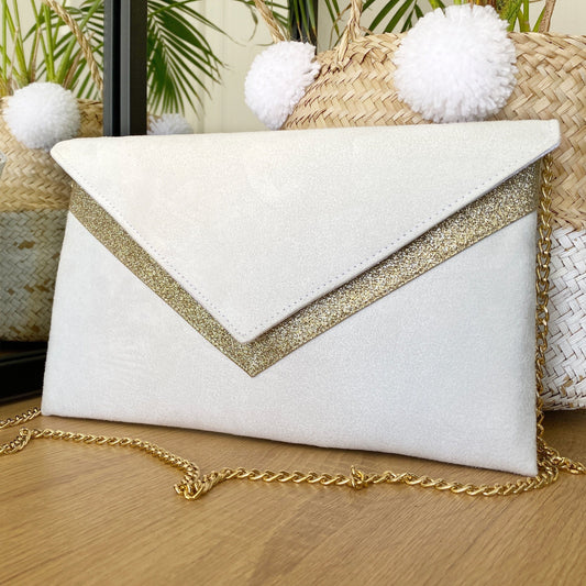 Fil des toiles pochette mariage avec rabat blanche et dorée