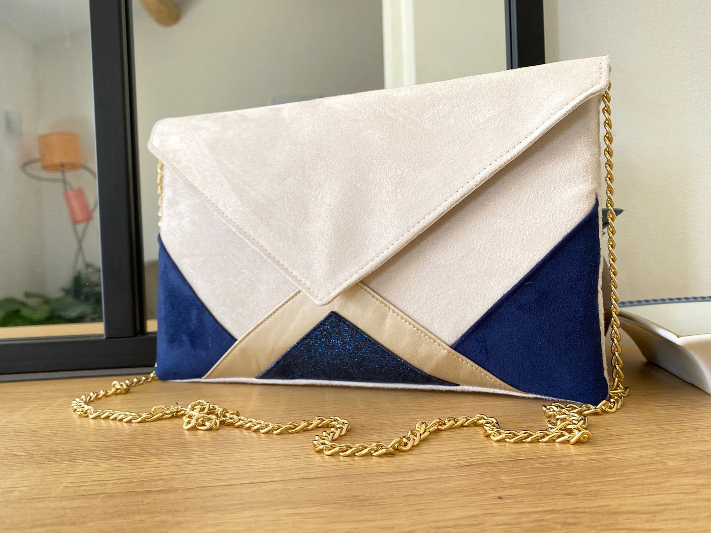 Fil des toiles Pochette mariage écru, bleu marine et dorée