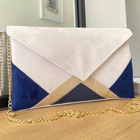 Fil des toiles Pochette mariage écru, bleu marine et dorée