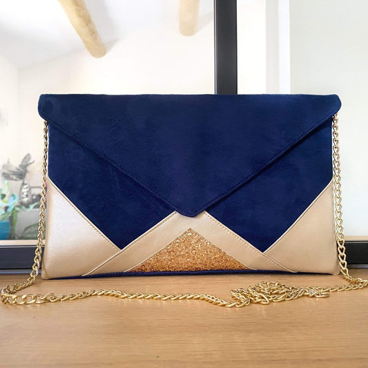 Fil des toPochette bleu marine et dorée mariage avec chaîne