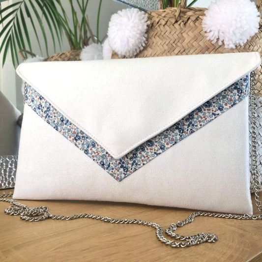 Fil des toiles Pochette Pochette cérémonie blanche et Liberty of London Eloise bleu