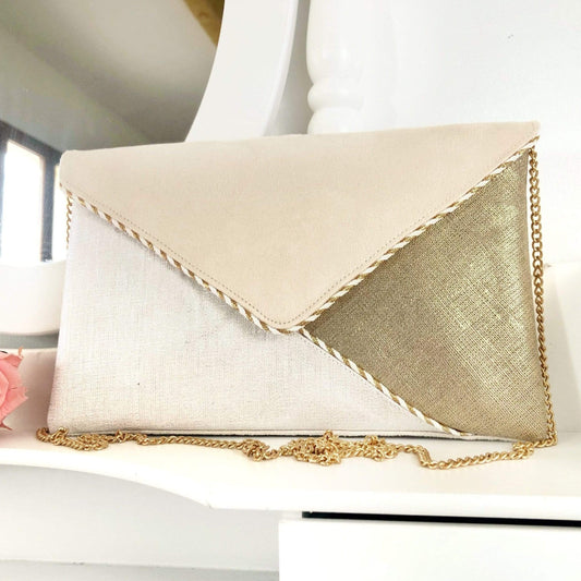 Fil des toiles Pochette Pochette cérémonie écru , en lin blanc irisé et lin doré irisé pour mariage
