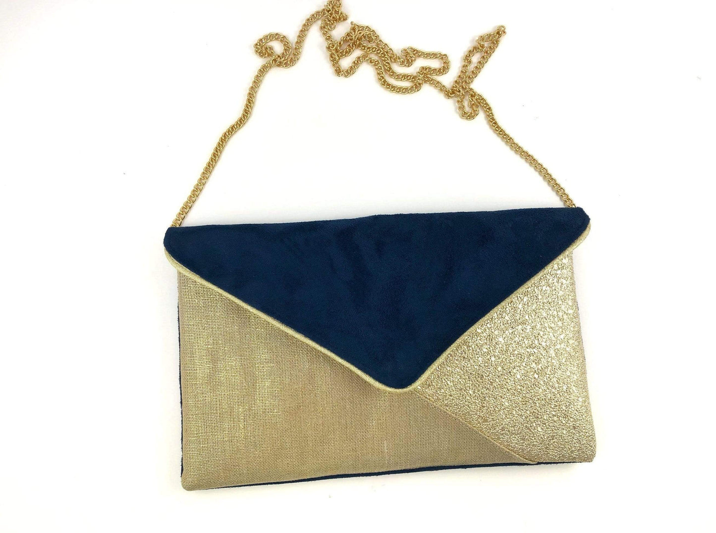 Fil des toiles Pochette Pochette de soirée bleu marine en lin doré irisé et simili cuir doré clair