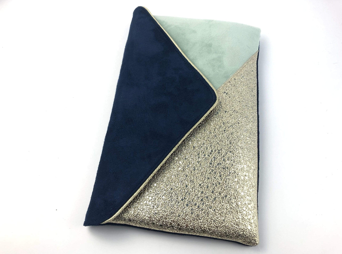 Fil des toiles pochette Pochette cérémonie mariage bleu marine et vert clair et doré Pochette de soirée bleu marine et vert clair et simili cuir doré clair avec chaîne