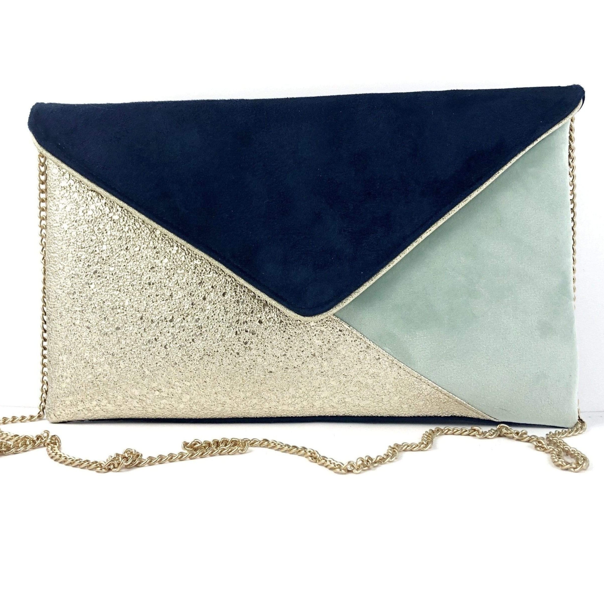 Pochette cérémonie mariage bleu marine et vert clair et doré – Fil