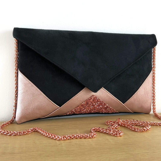 Fil des toiles Pochette Pochette de soirée noire et rose gold avec chaîne