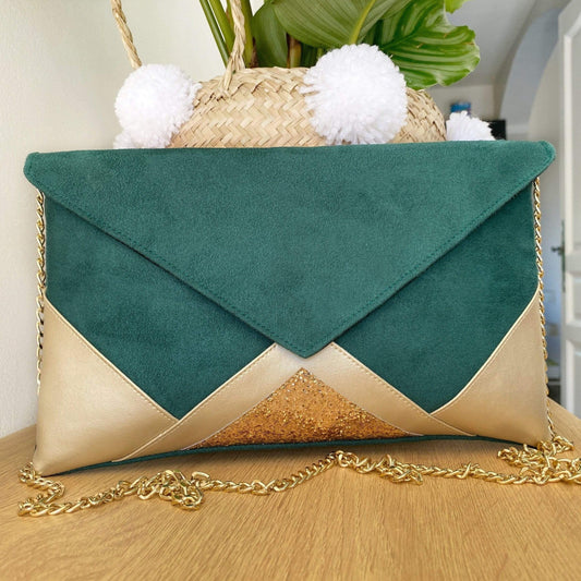 Fil des toiles Pochette Pochette de soirée vert foncé et dorée avec chaîne