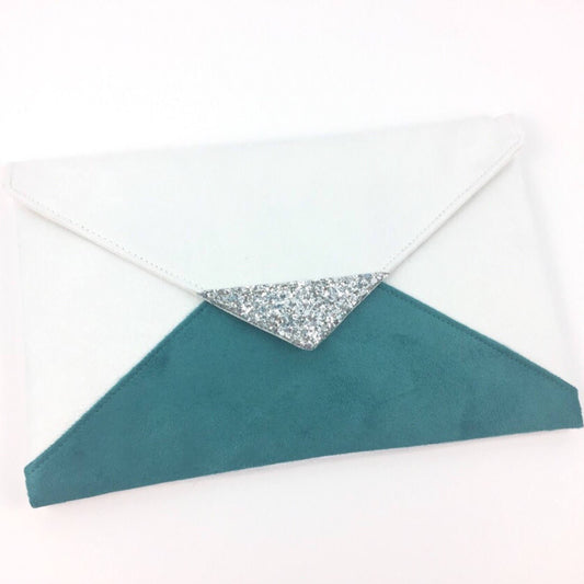 Fil des toiles Pochette Pochette mariage blanche et turquoise en suédine paillettes argentées