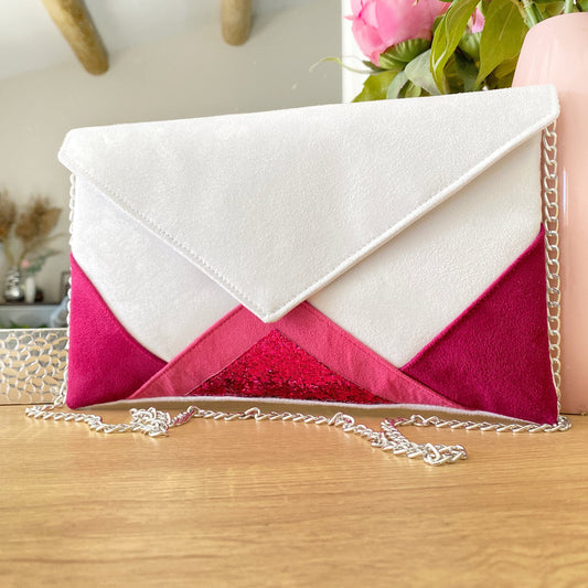 Pochette mariage blanche, rose fushia et rose vif - Fil des toiles
