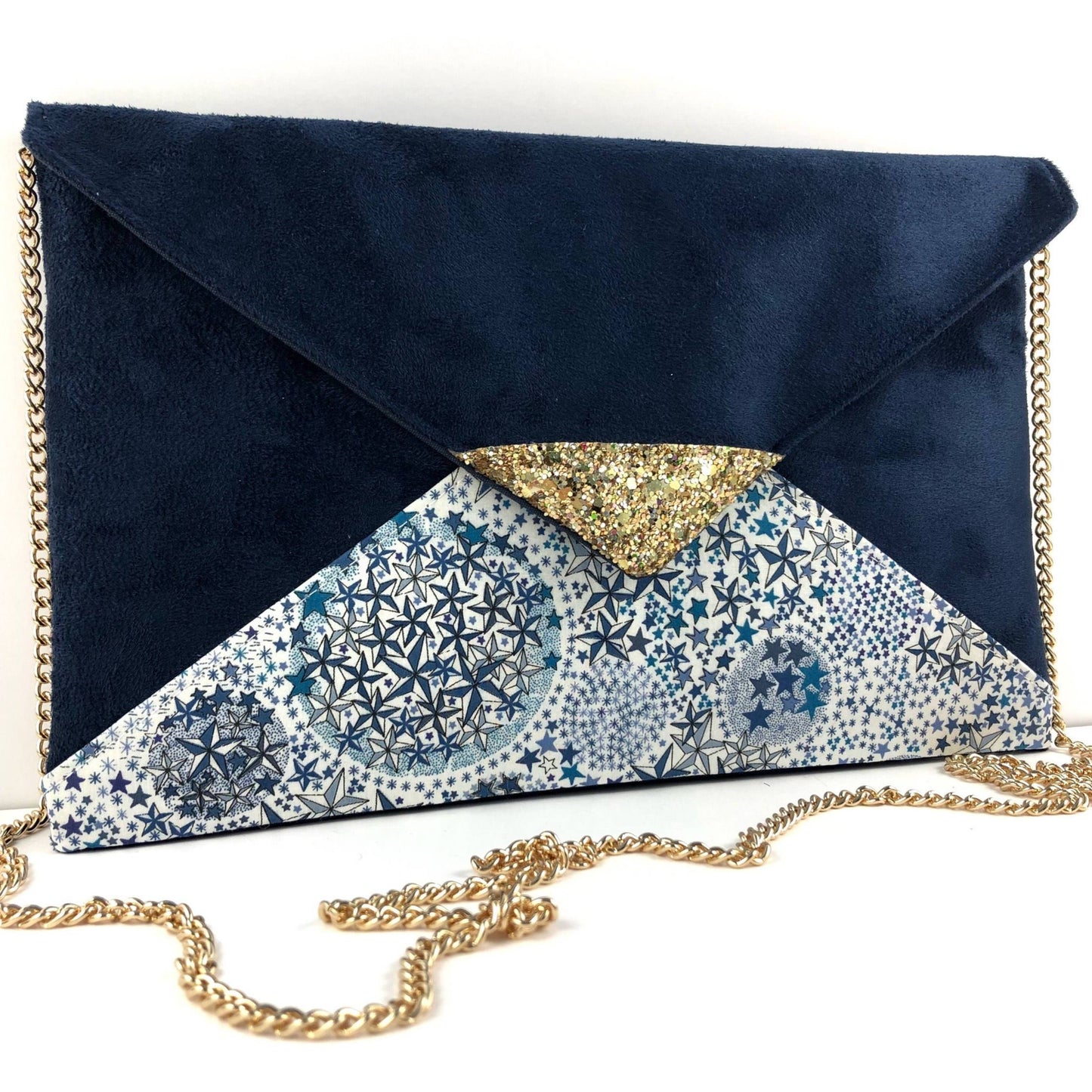 Fil des toiles Pochette Pochette mariage bleu marine en Liberty of London adelajda bleu, paillettes dorées