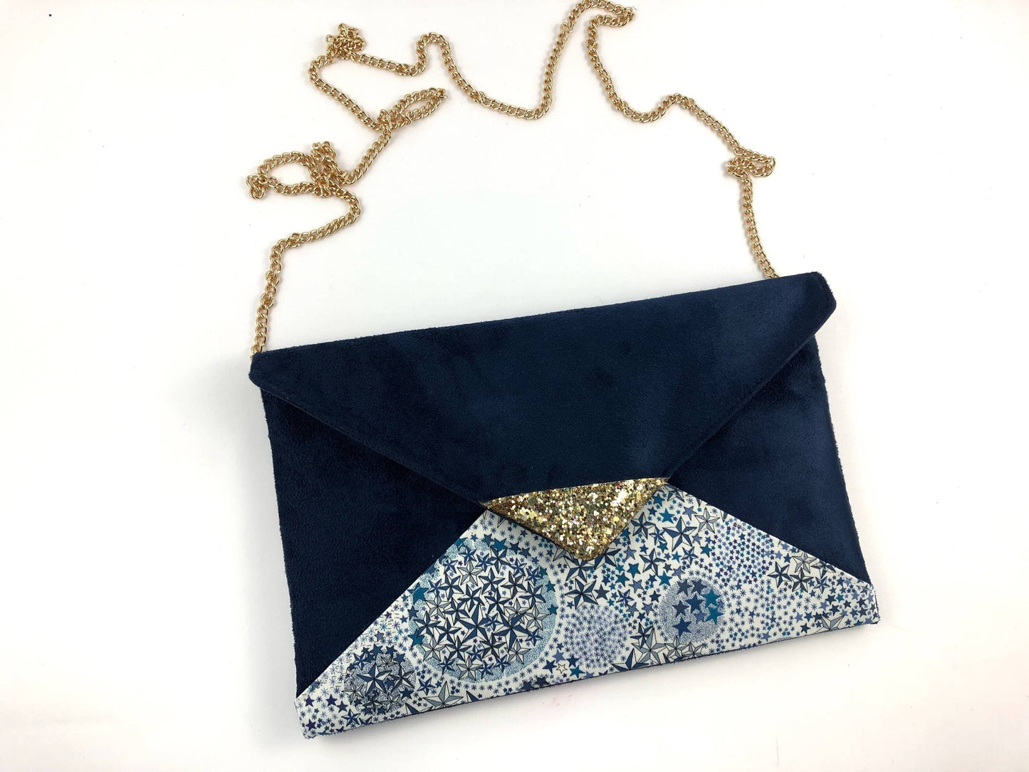 Fil des toiles Pochette Pochette mariage bleu marine en Liberty of London adelajda bleu, paillettes dorées