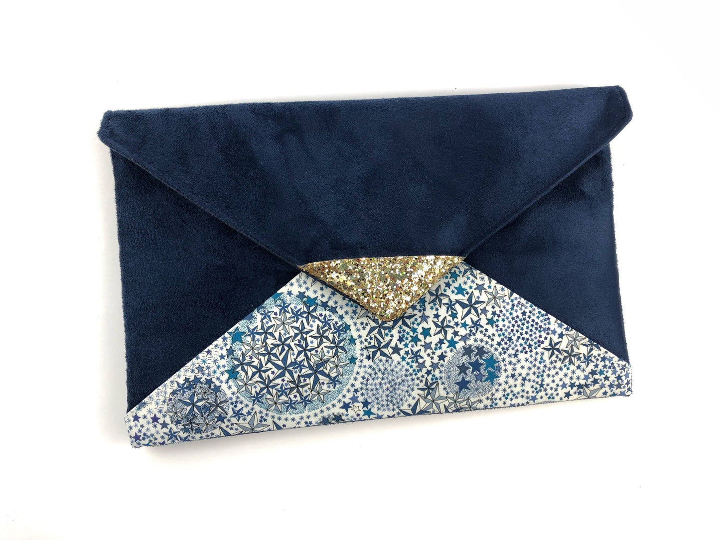 Fil des toiles Pochette Pochette mariage bleu marine en Liberty of London adelajda bleu, paillettes dorées
