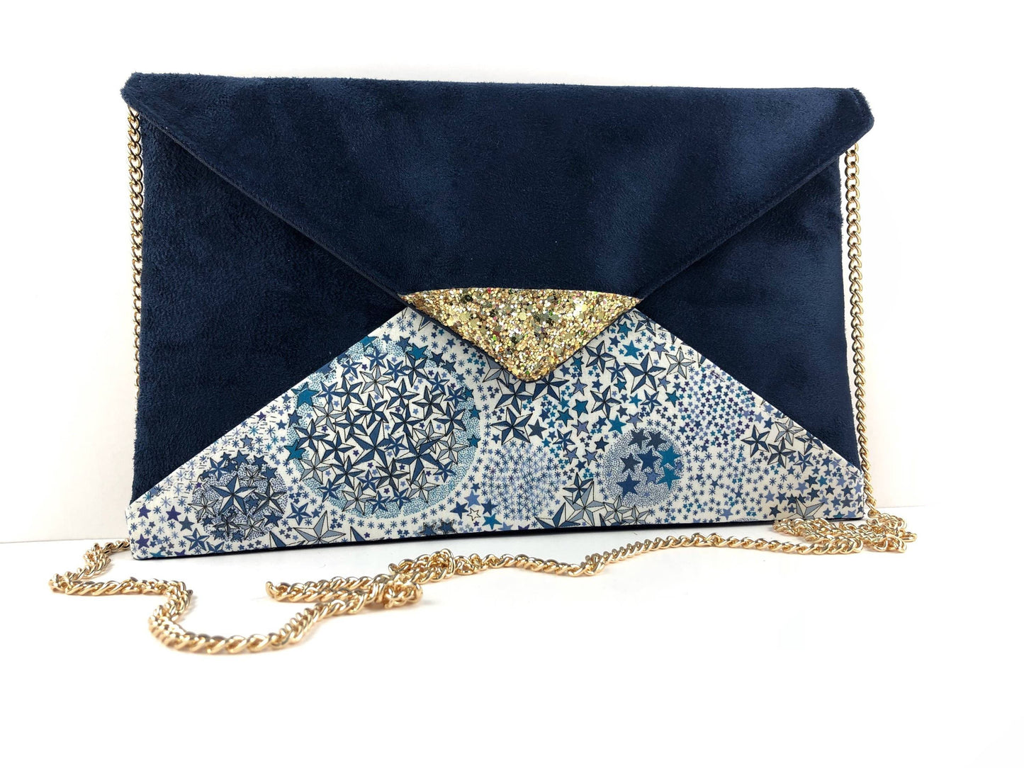 Fil des toiles Pochette Pochette mariage bleu marine en Liberty of London adelajda bleu, paillettes dorées