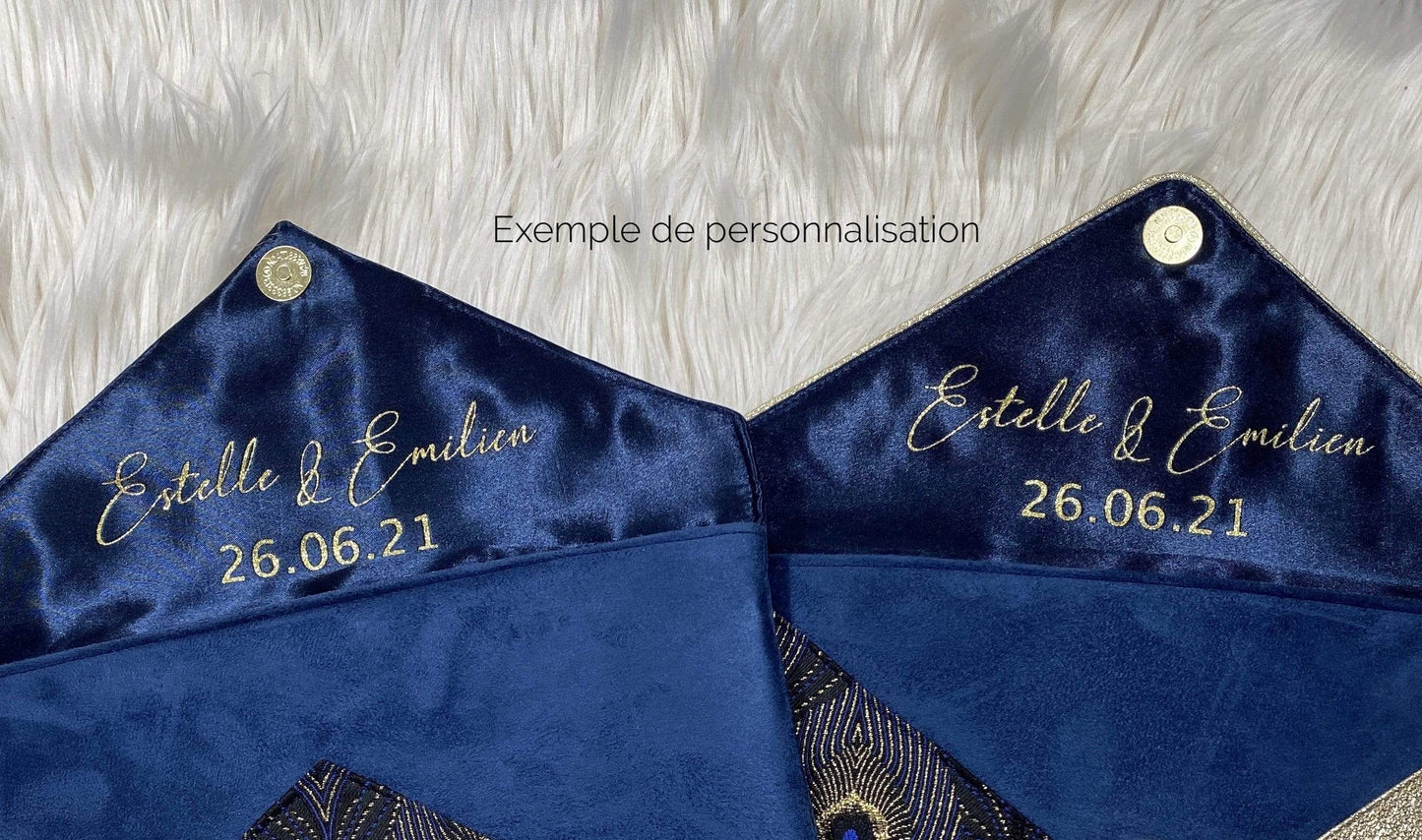 Fil des toiles Pochette Pochette mariage bleu marine et rose clair poudré et paillettes rose avec chaîne