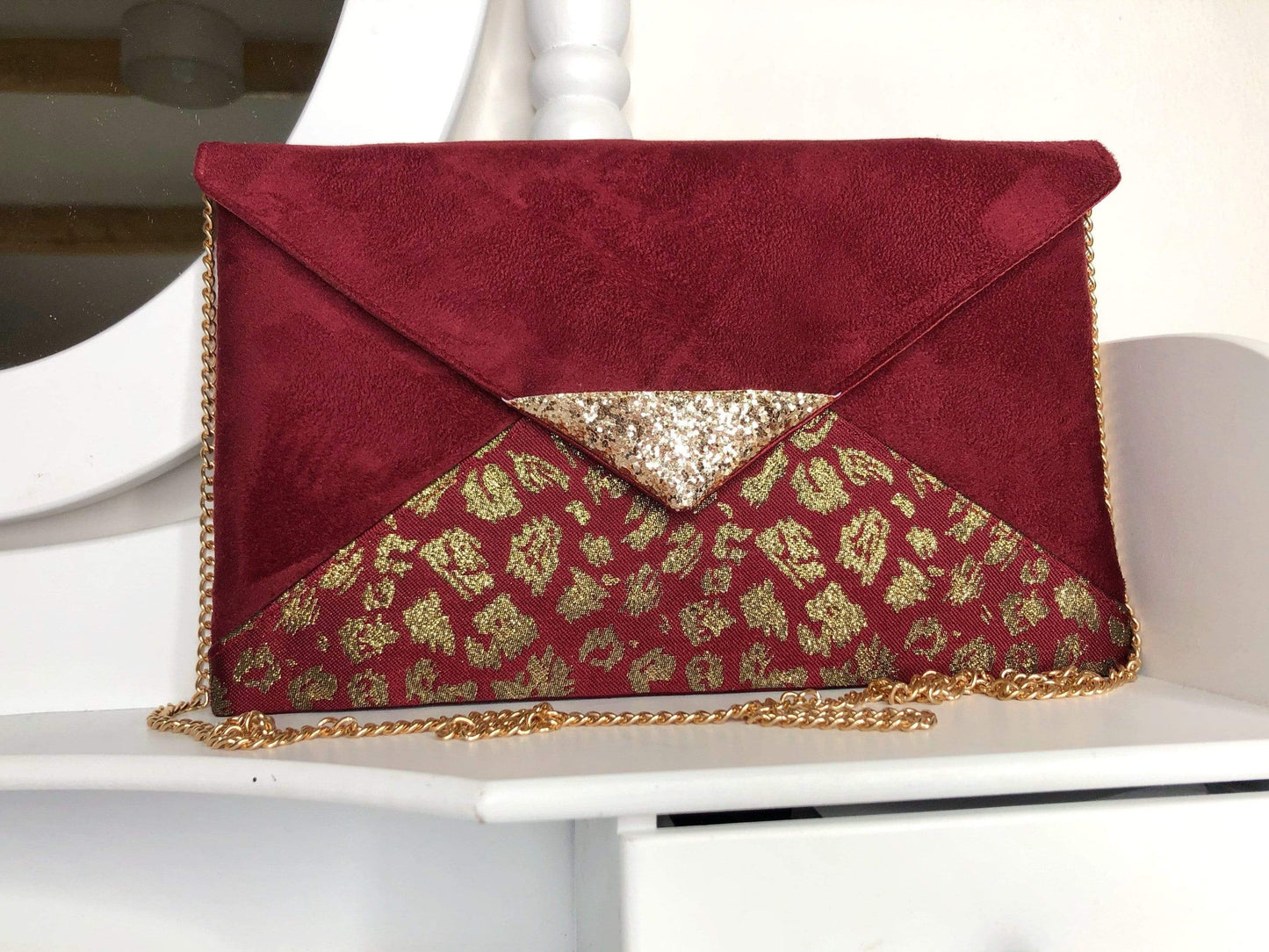 Fil des toiles Pochette Pochette mariage bordeaux et doré avec tissu jacquard motif léopard