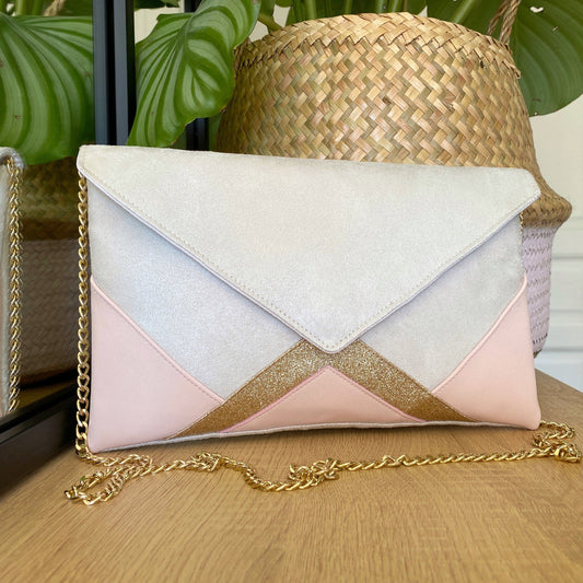 Fil des toiles Pochette Pochette mariage écru, rose poudré et paillettes dorées
