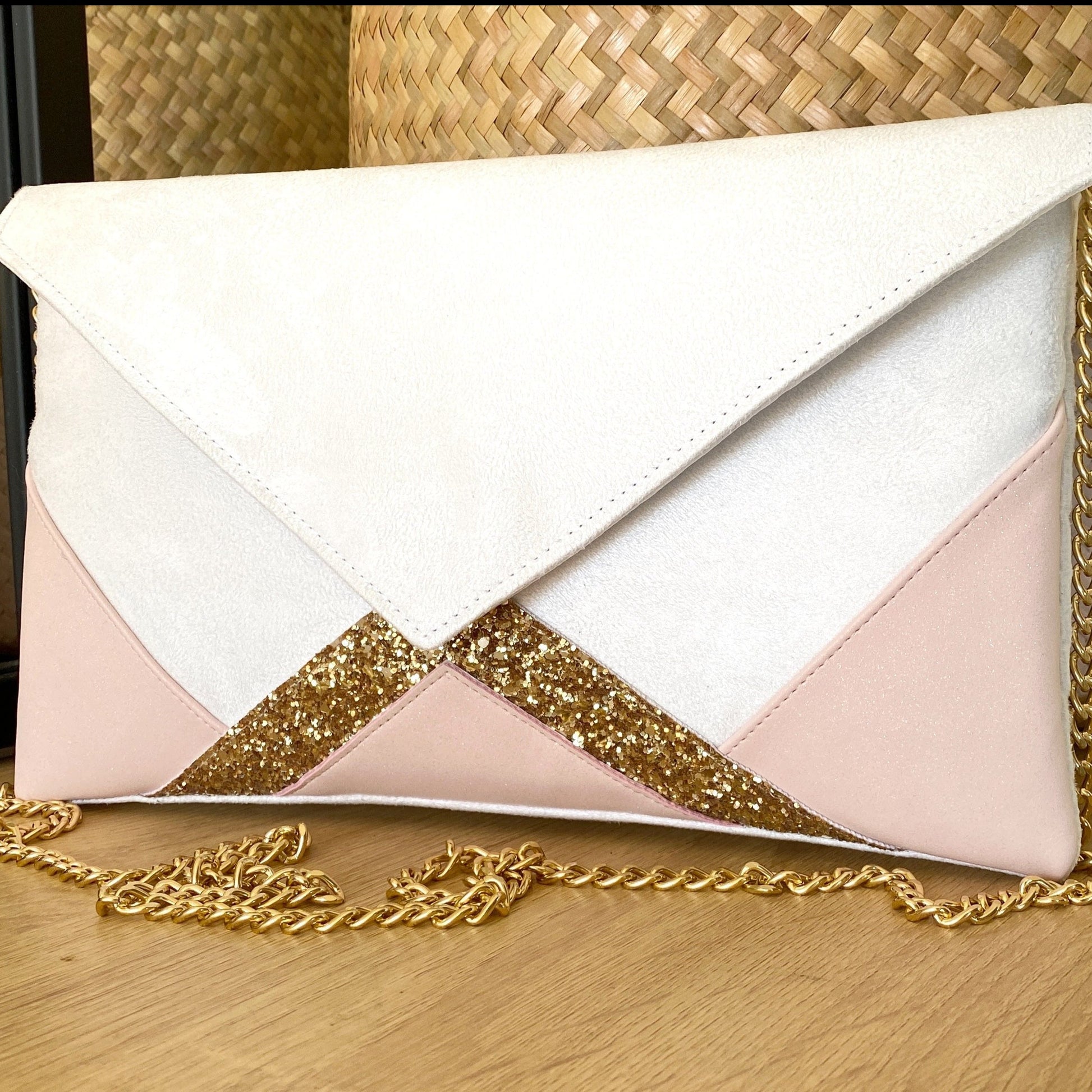 Fil des toiles Pochette Sac pochette blanche, rose et dorée