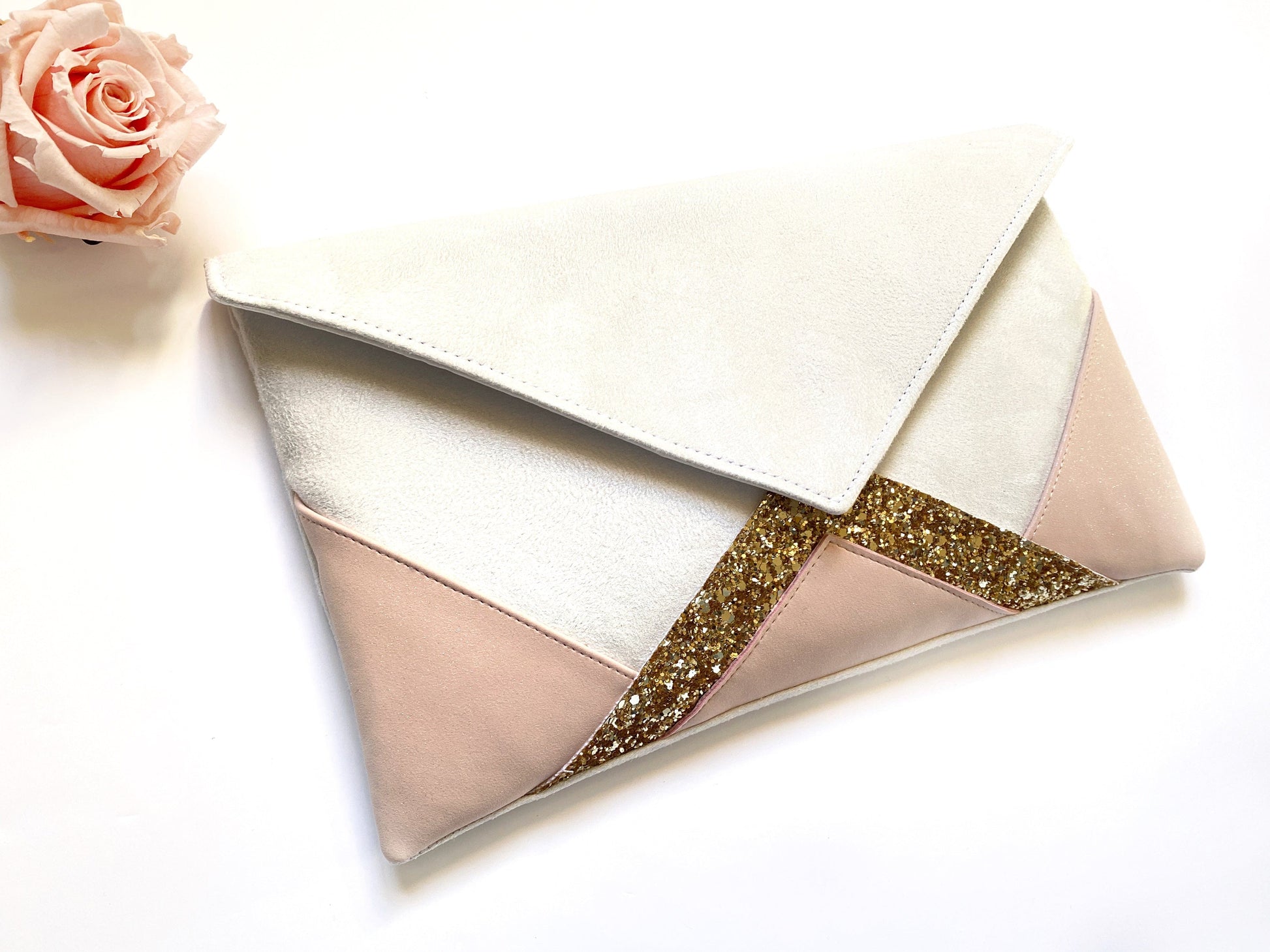 Fil des toiles Pochette Sac pochette blanche, rose et dorée