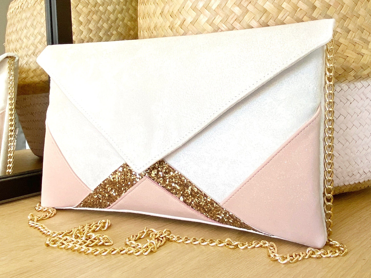 Fil des toiles Pochette Sac pochette blanche, rose et dorée