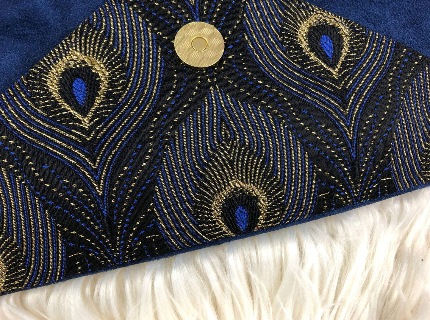 Fil des toiles Pochette Sac pochette bleu marine et jacquard bleu nuit queue de paon avec chaîne dorée