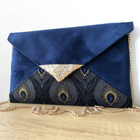 Fil des toiles Pochette Sac pochette bleu marine et jacquard bleu nuit queue de paon avec chaîne dorée