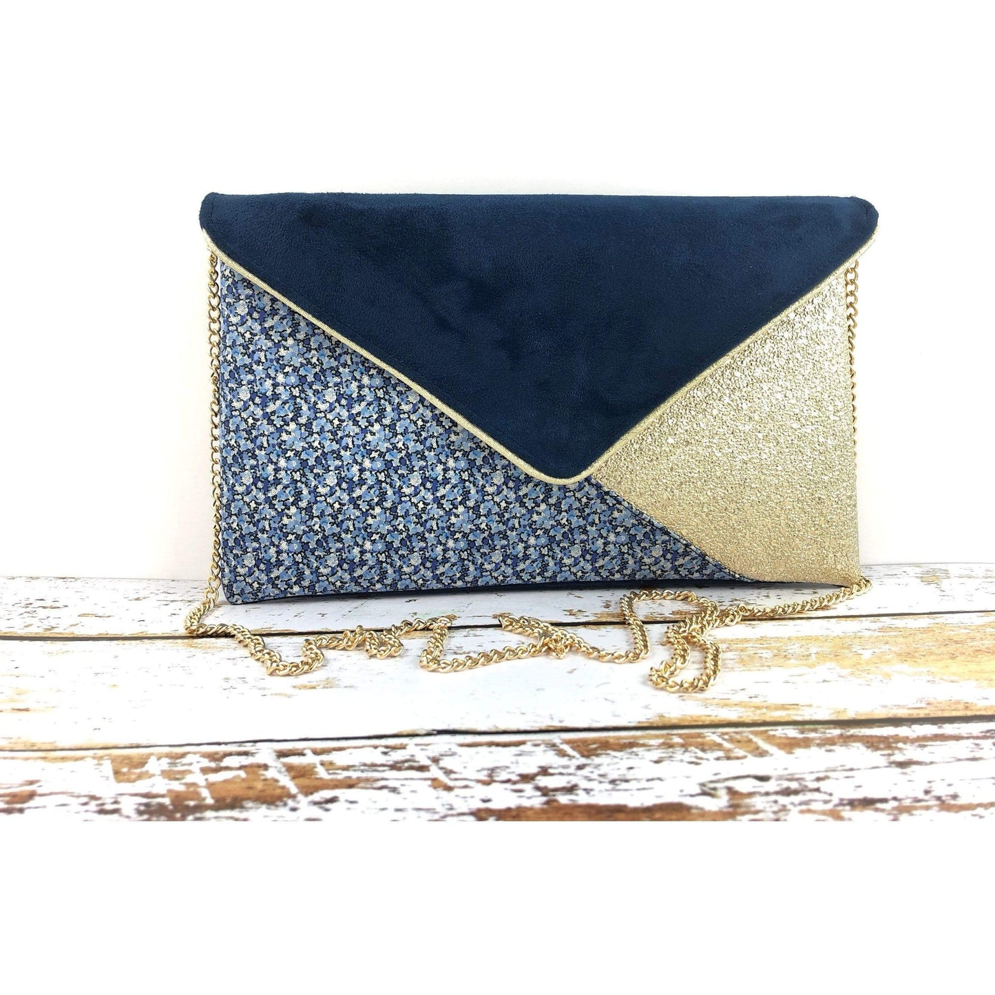 Fil des toiles Pochette Sac pochette bleu marine et Liberty of London Pepper bleu et simili cuir doré clair