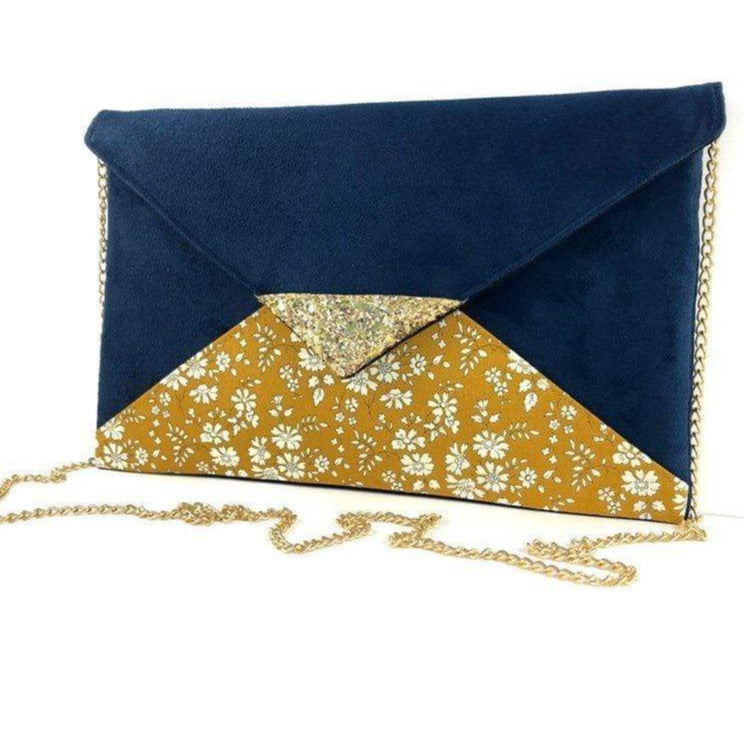 Pochette mariage bleu marine Liberty of London Capel moutarde et