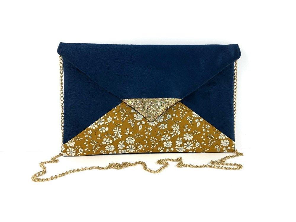 Fil des toiles Pochette Sac pochette bleu marine Liberty of London Capel moutarde et paillettes dorées