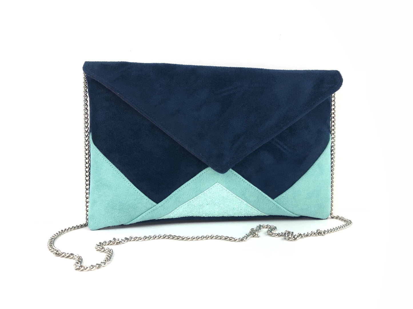 Fil des toiles Pochette Sac pochette de soirée bleu marine , vert menthe, et paillettes vert d'eau
