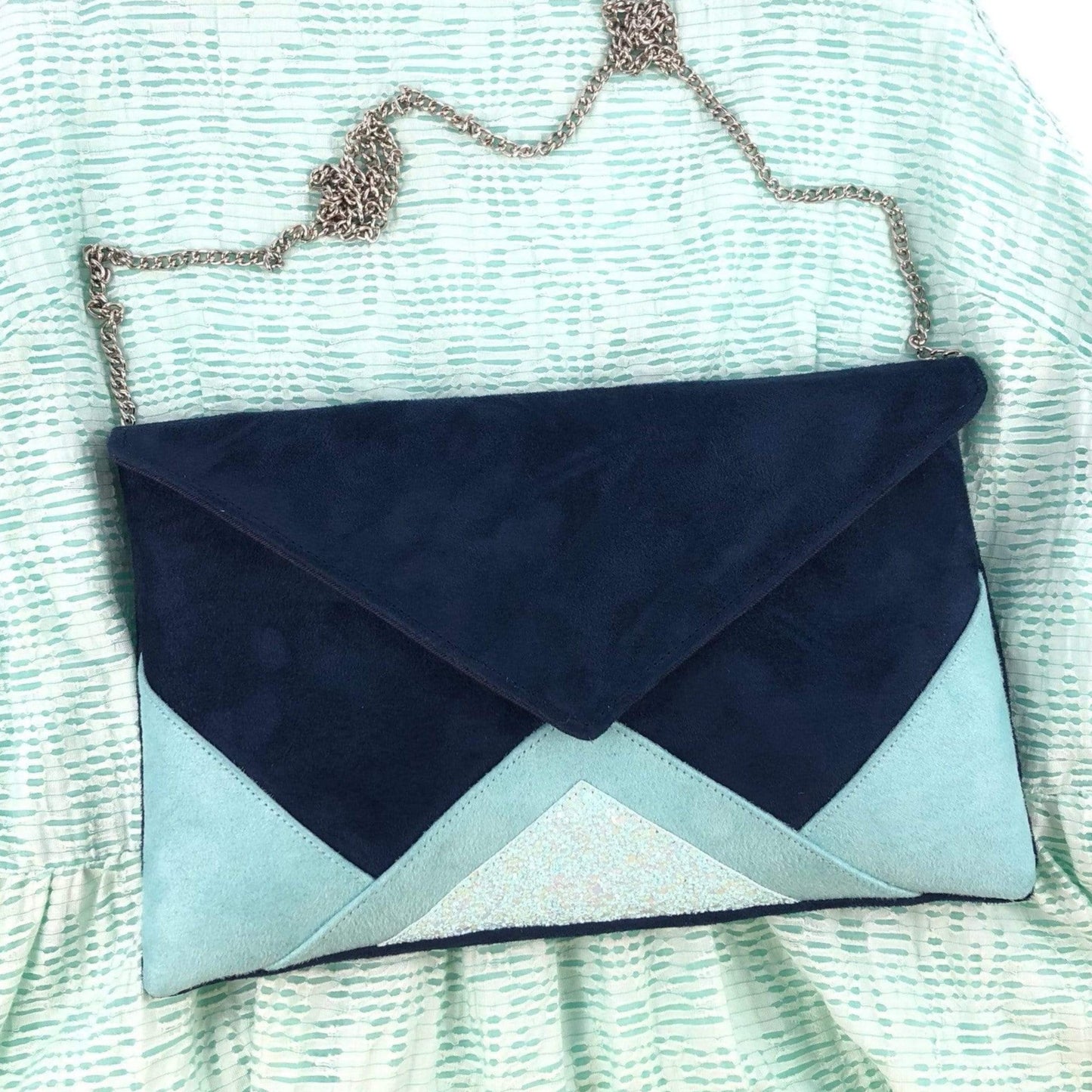 Fil des toiles Pochette Sac pochette de soirée bleu marine , vert menthe, et paillettes vert d'eau