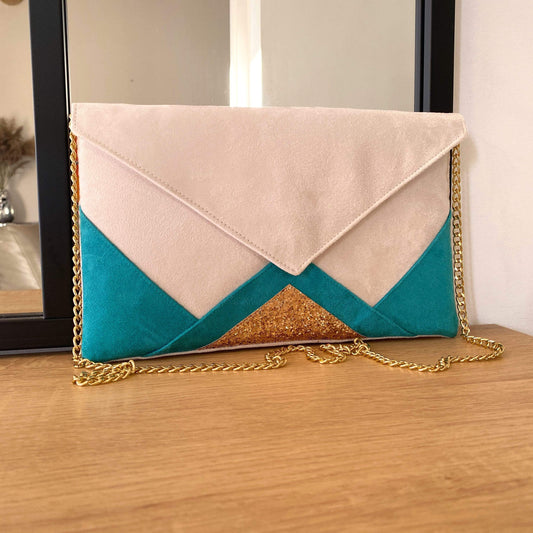 Fil des toiles Pochette Sac pochette de soirée  écru et vert lagon et paillettes dorées